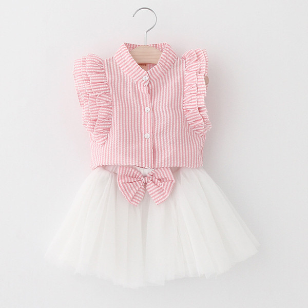 Children Summer Sets Kids Clothing Baby Striped Cotton Shirts with Lace tutu Bow Skirts Princess 2PCS Outfits