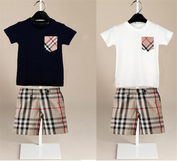 Baby Boys Sets 2019 Baby Kids 2 Pieces Sets Plaid Pocket Short Sleeved Shirt + Plaid Shorts Kids Clothing Sets 2 Colors Free Shipping