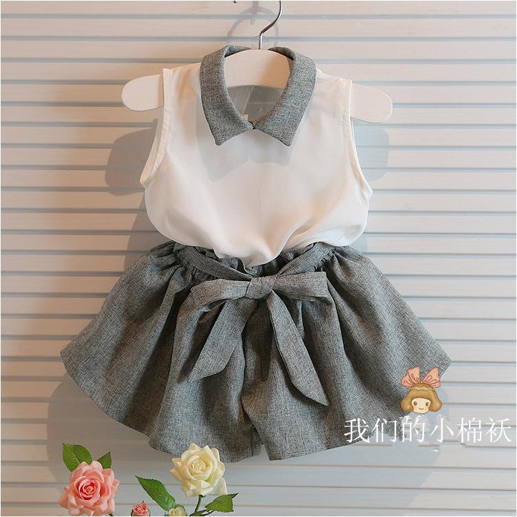 2015 Fashion baby girls summer clothes set 2 pcs White chiffon collar blouse shirt + gray short pants set Free shipping