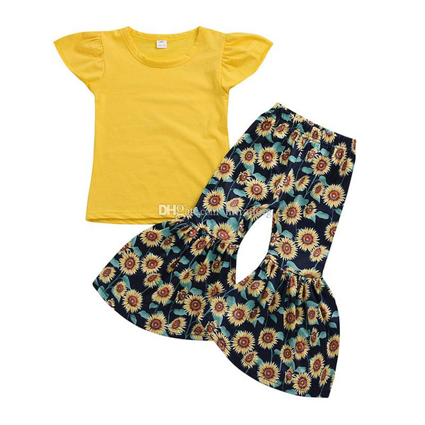 kids designer clothes girls outfits children flying sleeve Tops+sunflower Flare pants 2pcs/set 2019 Summer fashion baby Clothing Sets C6530