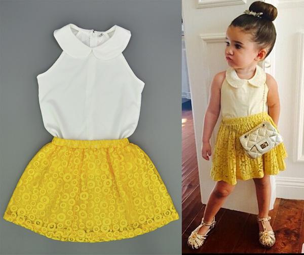 Baby Girl Clothes Sets Boutique 2017 Summer Fashion Sleeveless White Chiffon Shirts+Yellow Lace Skirts 2pcs Kids Clothing Set Girls Outfits