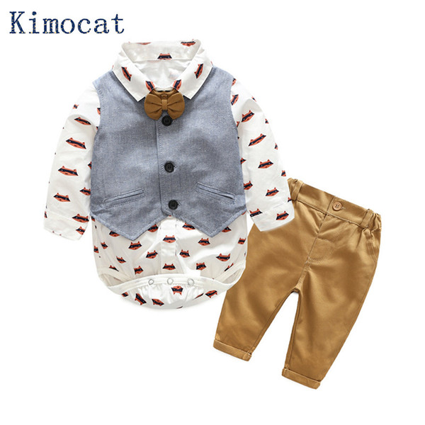 Kimocat Newborn Baby Boy Clothes Set Birthday Christening Cloth Infant Baby Boys Formal Wedding Clothes Suit Vest+T-shirt+Pant