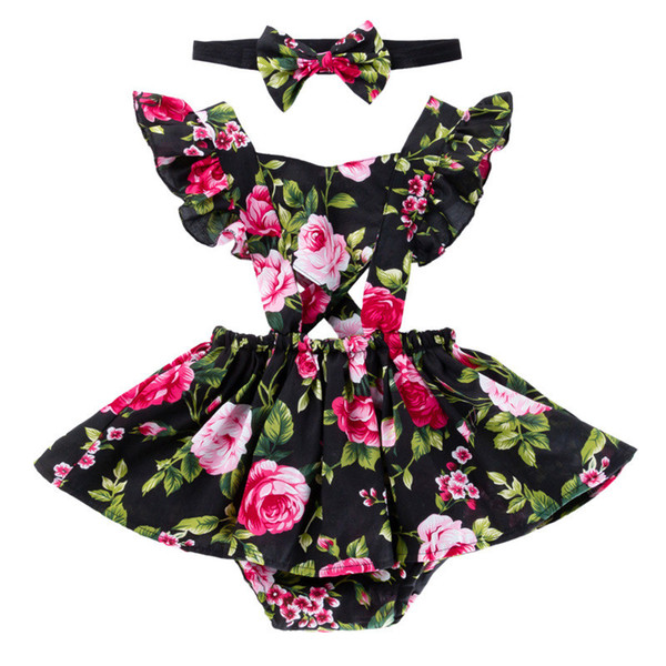 Newborn baby girl clothes girls dresses with headband kids designer clothes girls Floral romper for enfant ruffles sleeve Valentines Day