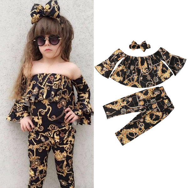 Fashion 3Pcs Casual Baby Girl Off-shoulder Tops+Loose Pants Leggings+Headband Summer Clothes