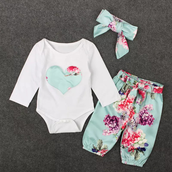 3PCS Set Baby Girls Clothes Romper Spring Autumn Kids Heart Embroidery Tops+ Floral Pant Outfits Children Girl Clothing Set Retail