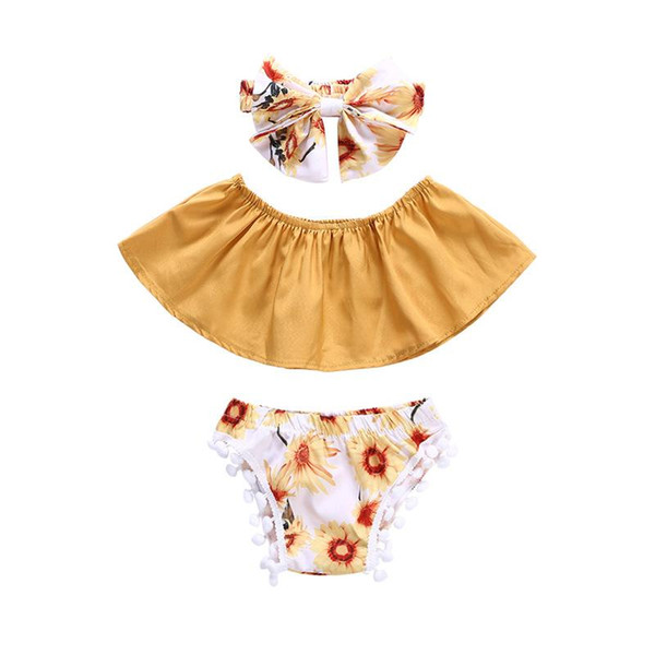 Baby girls summer floral outfits 3pc sets bow headband+Boob tube top+pompons shorts cute toddlders flower summer clothing