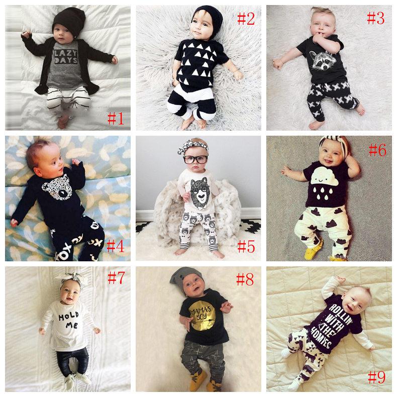 2016 INS explosion models Baby LAZY letters printed long-sleeved T-shirt + stripe pants two-piece suit / white and gray baby clothes suit