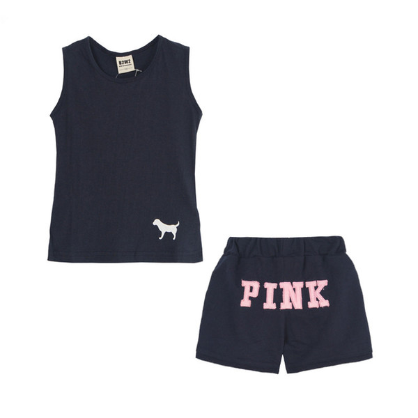 2019 Europe the United States Casual two-piece children's suit Embroidered sleeveless suit Refreshing pink sport set clothing