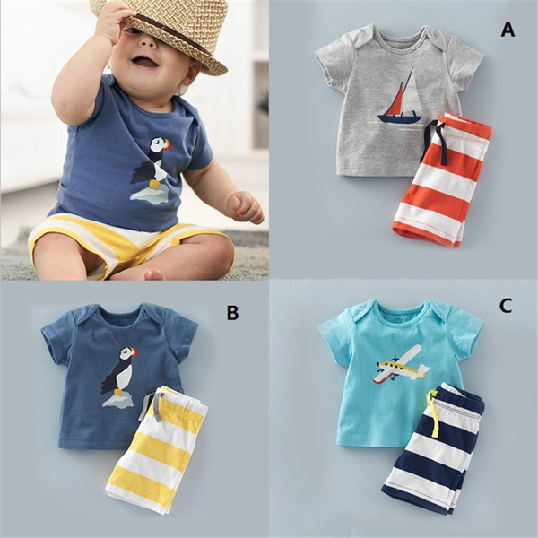 2016 Summer New Baby Clothes Boys Cartoon aircraft Sailboat T-shirt+Striped Pants Casual Suits 2pcs Sets Children Clothing 3 colors K449