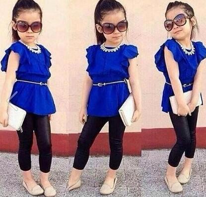 2016 Hot Sale Designer children clothing set Girls clothes suit Blue Shirt Dress+Black Leggings Kids Casual clothes