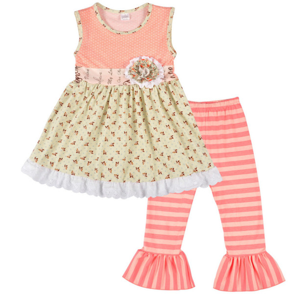 New Spring Summer Girls Clothing Set Children Sleeveless Dot Flower Dress with Striped Ruffle Pants Fashion Boutique Kids 2-Piece Outfits