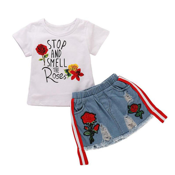 INS Girl Clothing Sets Toddler flower letter print shirt + denim shorts 2PCS Outfit Baby Summer Cool clothing