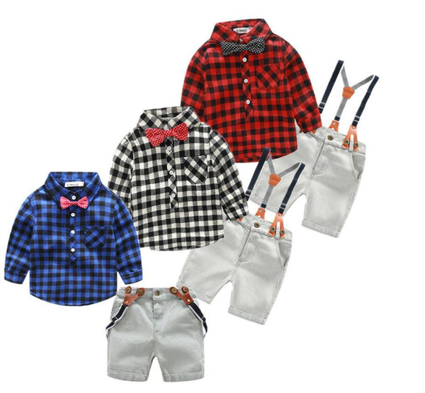 NEW summer baby boys clothing set children long sleeve plaid shirt+Shorts suspenders 2pcs/set kids party clothes suit overalls