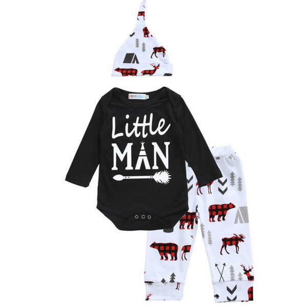 2017 Boys Girls Baby Clothing Sets Long Sleeve Romper Pants Hat 3Pcs Set Cotton Little Man Word Print Boutique Clothes Outfits