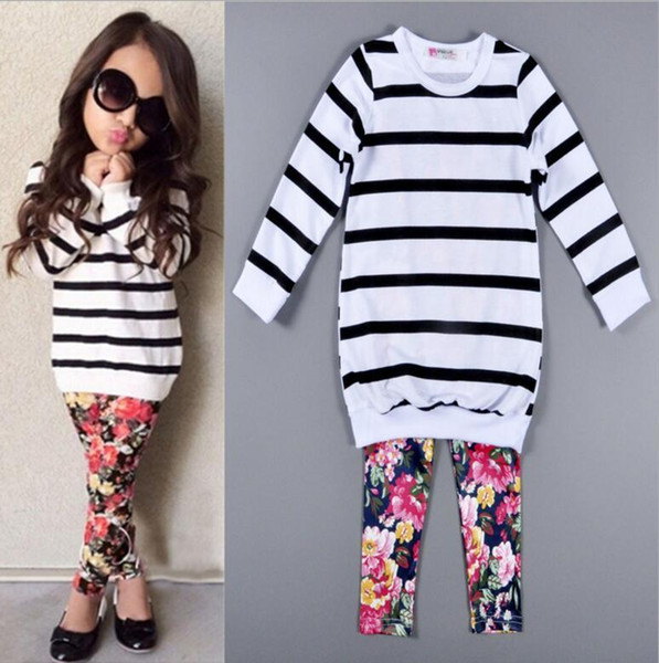 2017 Girls Baby Childrens Clothing Sets Striped T-shirts Floral Pants 2Pcs Set Spring Autumn Girl Kids Leggings Boutique Clothes Outfits