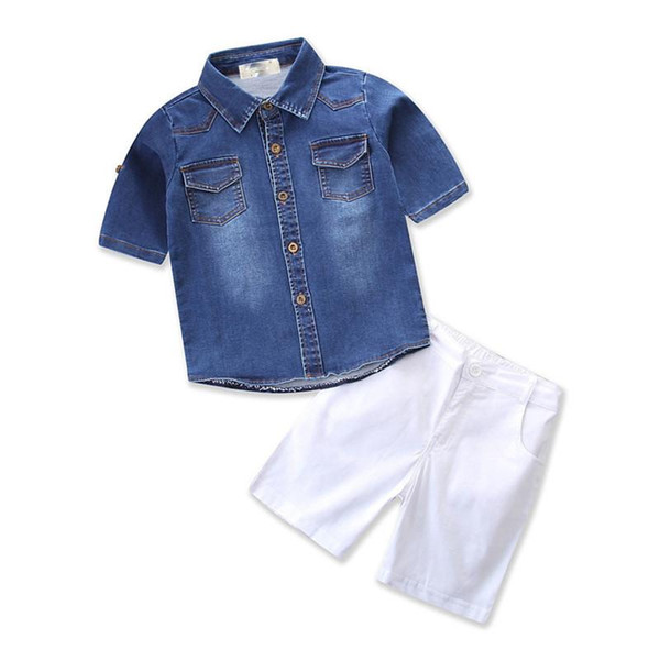 New 2018 INS blasting with Europe and the United States small boy two-piece suit denim shirt + shorts