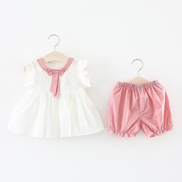 Summer Baby Girls Clothing Sets Children Bow Sleeveless Round Collar Buttons on back Children Day Vest Shorts Children Solid Girls Clothes