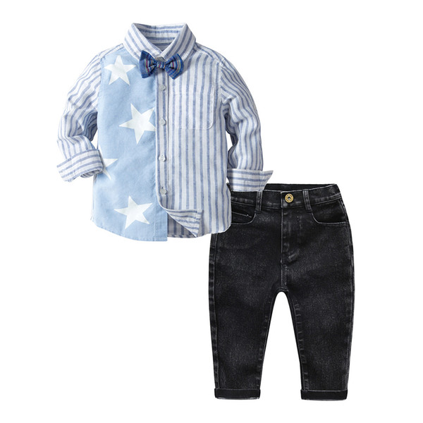 New boy's cotton and linen striped printed shirt denim pantsuit children's three-piece gift tie