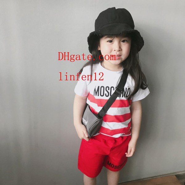 Boys girls Two-piece set print outfits stripe lovely pictures top +Letter printing shorts summer high quality kids Clothing Sets sup-er8