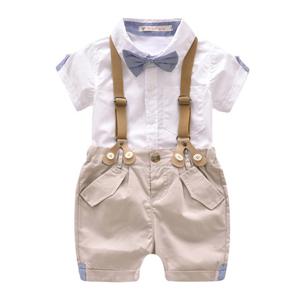 Boy summer short-sleeved shirt + bib shorts pant two-piece Plaid striped bow gentleman suit Children's bow tie formal suit kids clothing set