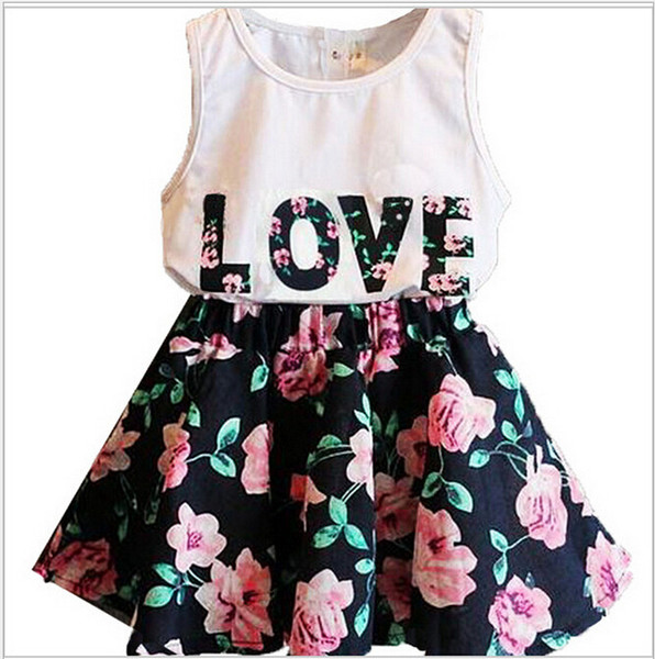 free shipping summer sleeveless t-shirt + Floral tutu skirt baby girls Vest top princess skirt Children's beach flower set kid clothing suit