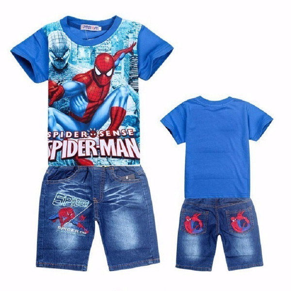 2-10 years boys Summer Spiderman Set Short Sleeve Cartoon T-Shirt Short Jeans 2pcs children's casual outfit cotton top kids clothing set tee