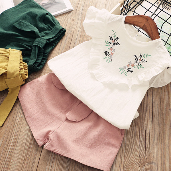 Girl Sleeveless Flower Embroidered Lace T-Shirt + Bow Shorts pant set Chiffon top children casual outfit princess set kis clothing suit 2-6T