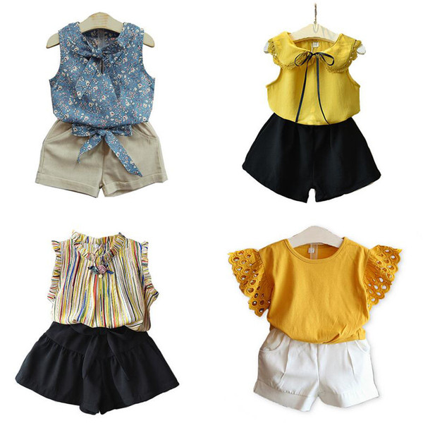 Girl summer princess set Sleeveless vest chiffon top + shorts pant 2pcs with bow Embroidered flower t-shirt children costumes kids clothing