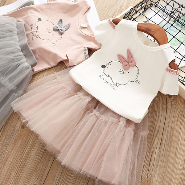 Girls short-sleeved cotton T-shirt + mesh tutu skirt 2pcs Rabbit Print Top short Skirt Set Baby girl princess dress children costumes suit