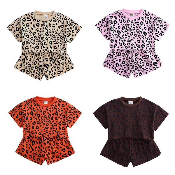 Girls Summer Short Sleeve Leopard Set Short-sleeved cotton top + shorts pant ins two-piece children's casual outfit baby kids clothing