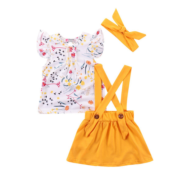 Baby girl princess set Summer short-sleeved flower T-shirt + yellow strap skirt + hair band 3pcs part tutu skirt children casual outfit set