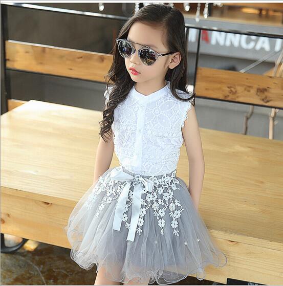 3-12 year Teen girl princess set Summer sleeveless lace top + mesh tutu skirt 2 pieces Children's holiday costumes clothes kids clothing