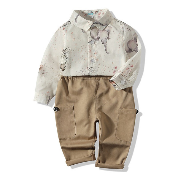 Baby Boys Beige Elephant Clothes Kids Romper And Pants Children Spring Clothing Sets For 70-100cm