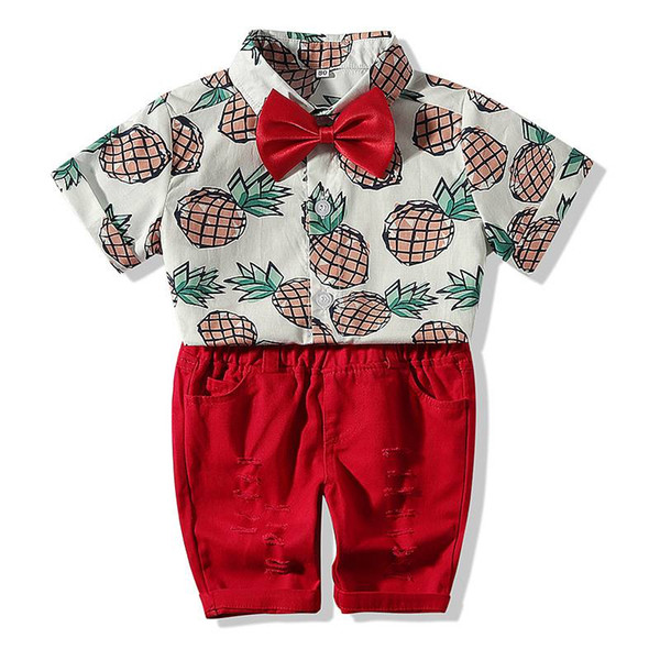 Baby Boys Pineapples Clothes Kids Bows X Shirt X Hole Pants Children Summper Clothing Sets For 70-95cm