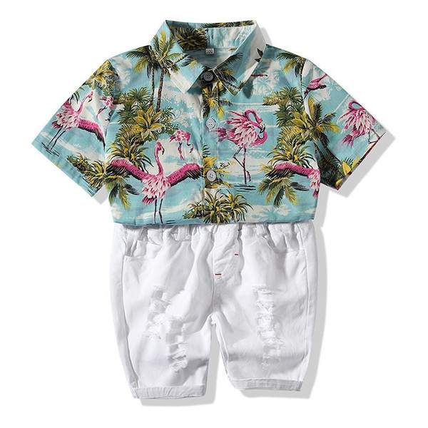 Baby Boys Flamingo Clothes Kids Holiday Style Shirt X Hole Pants Children Summper Clothing Sets For 70-95cm