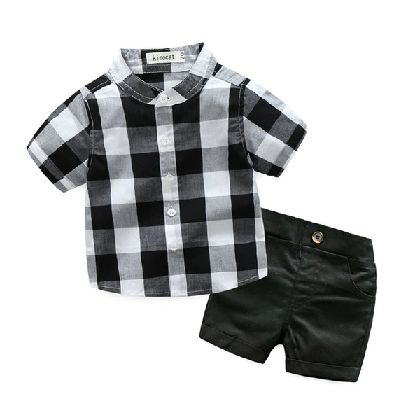 Wholesale 2017 Baby Boys Plaid Clothes Boy Two Pieces Clothing Toddler Summer Sets Children White/Black Shirt And Shorts Suit 70-95cm