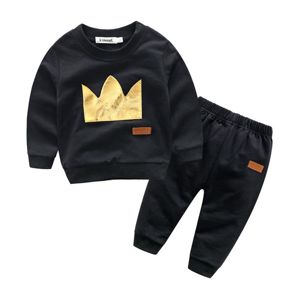 2017 kids boys gold crown clothes baby 2 pieces clothing toddler spring sets children sweater pants suit for 70-95