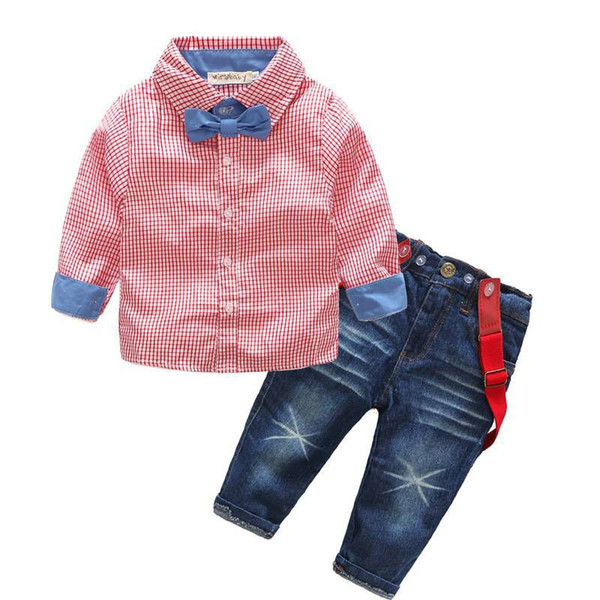 wholesale 2017 Kids Boys Gentleman Clothes Baby Two Pieces Clothing Toddler Autumn Sets Children Shirt And Jeans Suit For 90-140cm