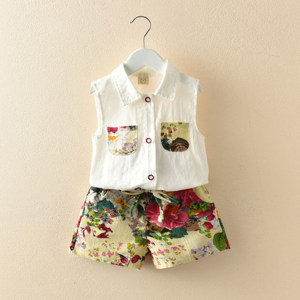 Baby Girls Summer Flowers Clothes Kids Two Piece Blouse And Shorts Children Casual Clothing Sets For 90-130cm