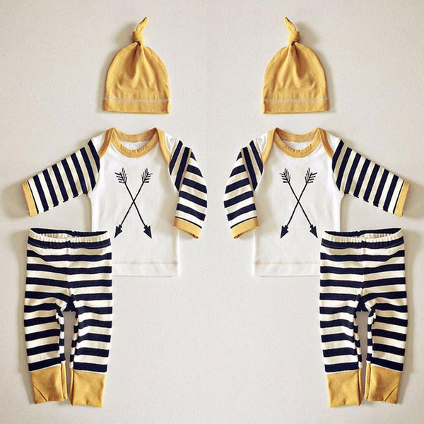 wholesale 2016 kids boys striped clothes baby 3 pieces clothing toddler autumn sets children hat tshirt pants suit