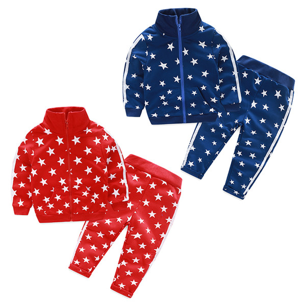 quality kids Spring and Autumn new boys clothing set Star pattern long - sleeved hooded jacket + trousers boy girls sport set