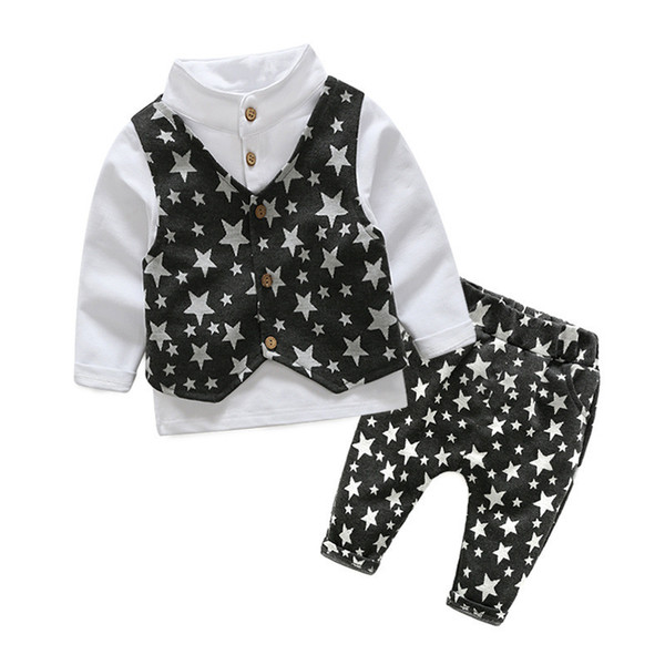 quality children boys clothing sets spring autumn cotton shirt+vest+pants 3pcs suits kids star printing boys long sleeve sets