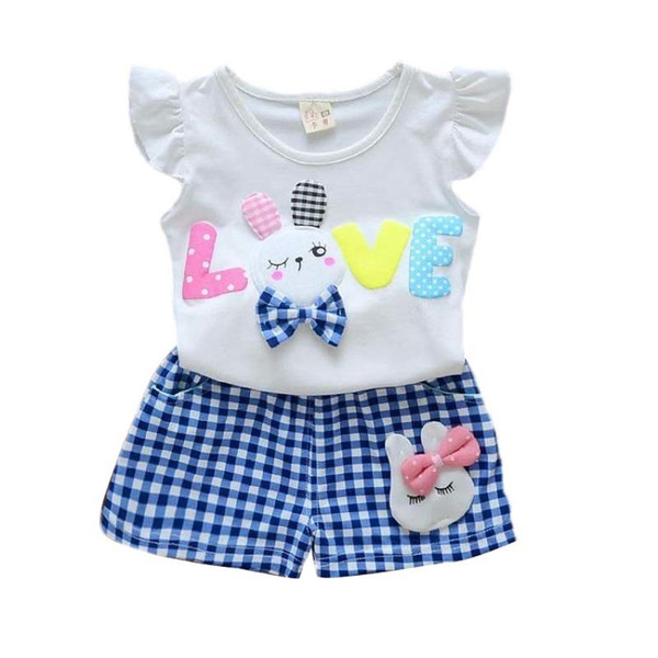 quality new summer girls clothing sets birthday party clothes casual cartoon rabbit T-shirt+plaid pants clothes sets for girls