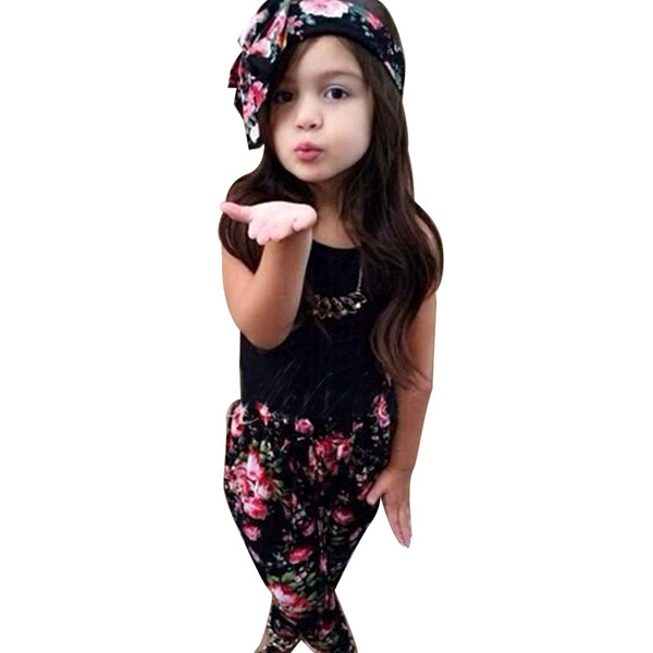 2019 Summer Girls Clothing Sets Vest + Flower Pants + Scarf 3pcs Baby Girls Clothes Set 1-7 Years Kids Costume Suit