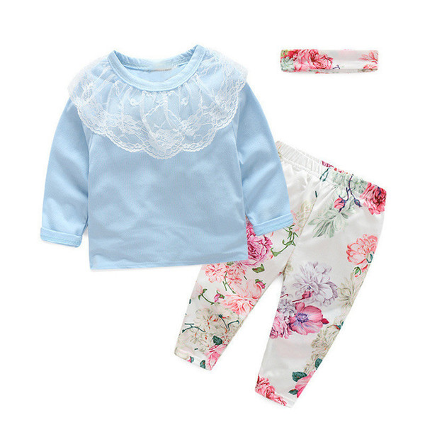 quality children girls clothes sets spring autumn lace floral kids girls sweatshirts+pants headband 3pcs cotton clothes suits