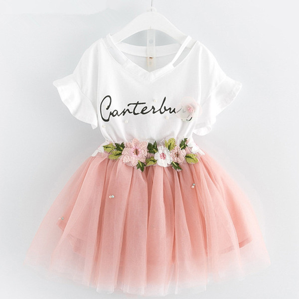 good quality kids girls summer clothing set brand girls clothes suit children sleeveless white T shirt+ skirt girls princess clothes