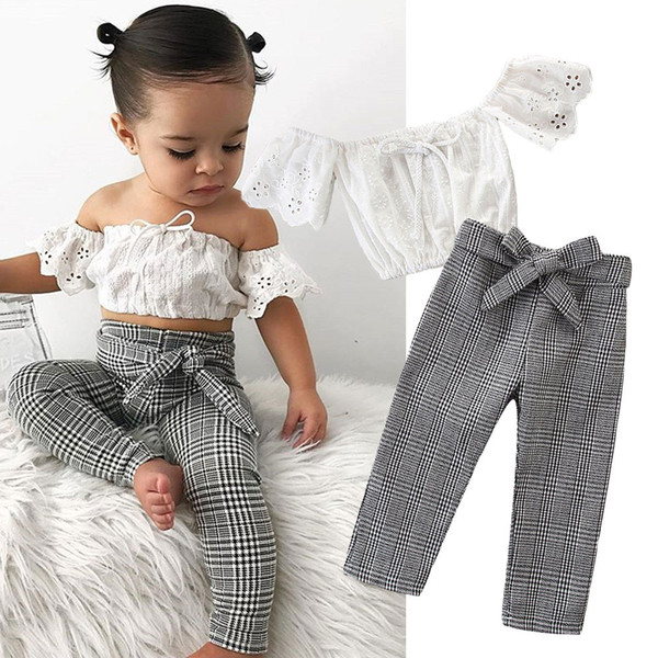 New children's clothing suit summer girl white word shoulder shirt + plaid pants two-piece