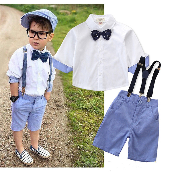 2019 summer new boy gentleman college wind suit solid color short-sleeved shirt + strap shorts + bow tie