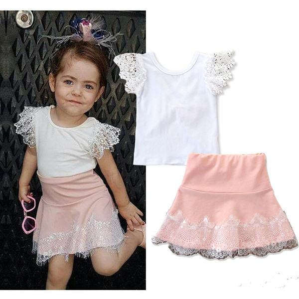 2019 summer new children's fashion girls suit explosion models lace white short-sleeved halter bow T-shirt + pink skirt suit