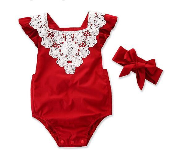 New children's clothing summer infants one-piece suit red lace haber + headwear two-piece